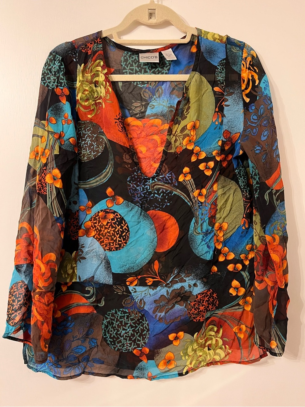 CHICOS 100% SILK SHEER COLORFUL TUNIC LONG SLEEVE TOP ✨